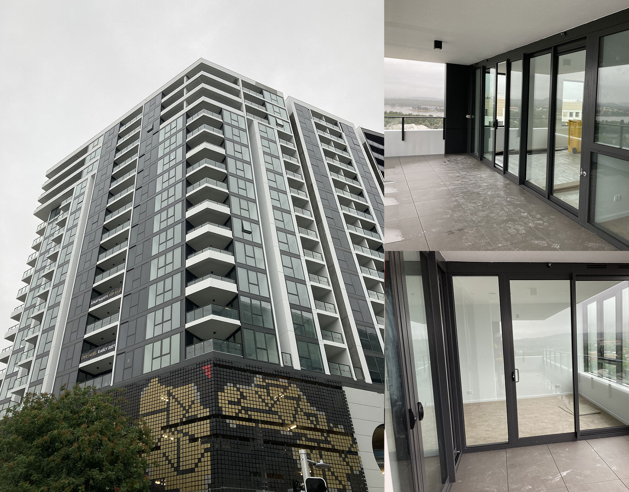 Completed residential tower shown with interior views of full-height sliding glass doors and balconies