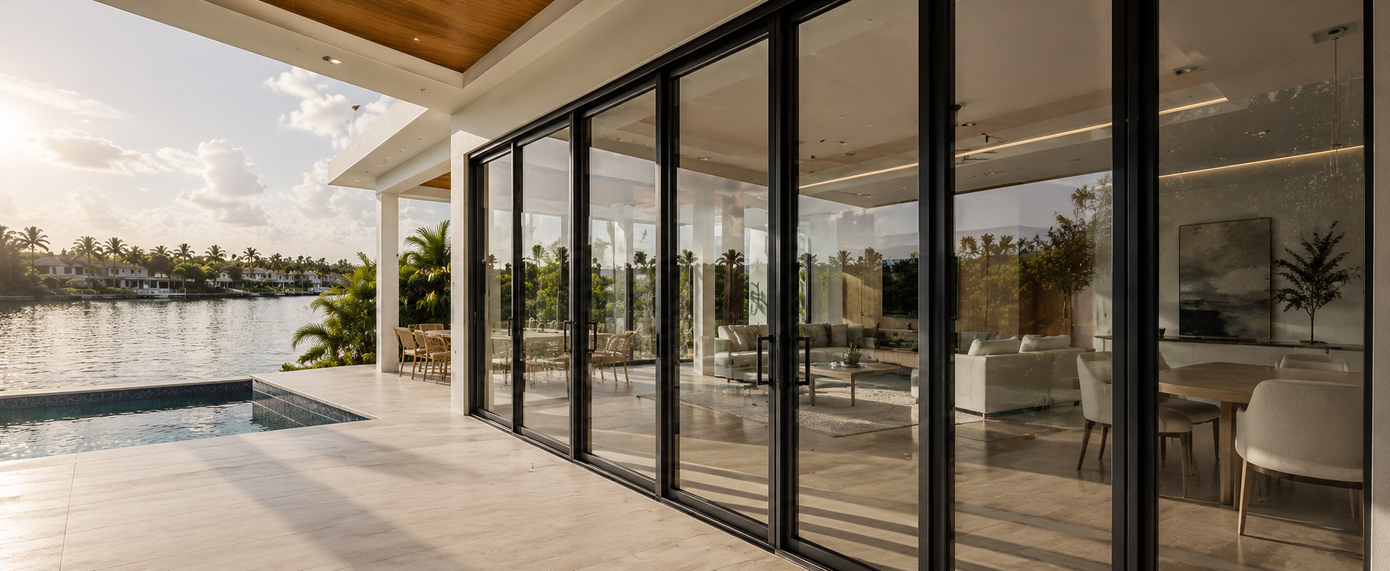 Waterfront home at sunset with black-framed FORTWELL aluminum sliding glass doors open to a travertine pool deck