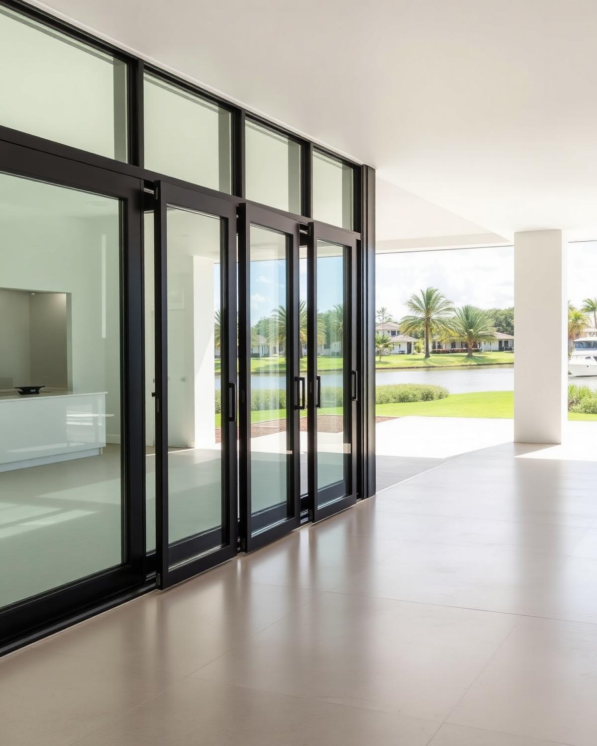 FORTWELL 100 Multi-Slide doors stacked open to a covered waterfront patio