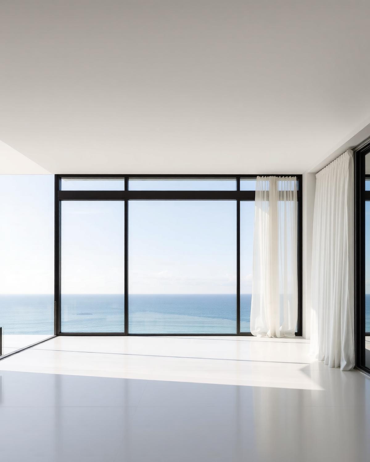 FORTWELL 100 picture wall of fixed glazing with a panoramic ocean view