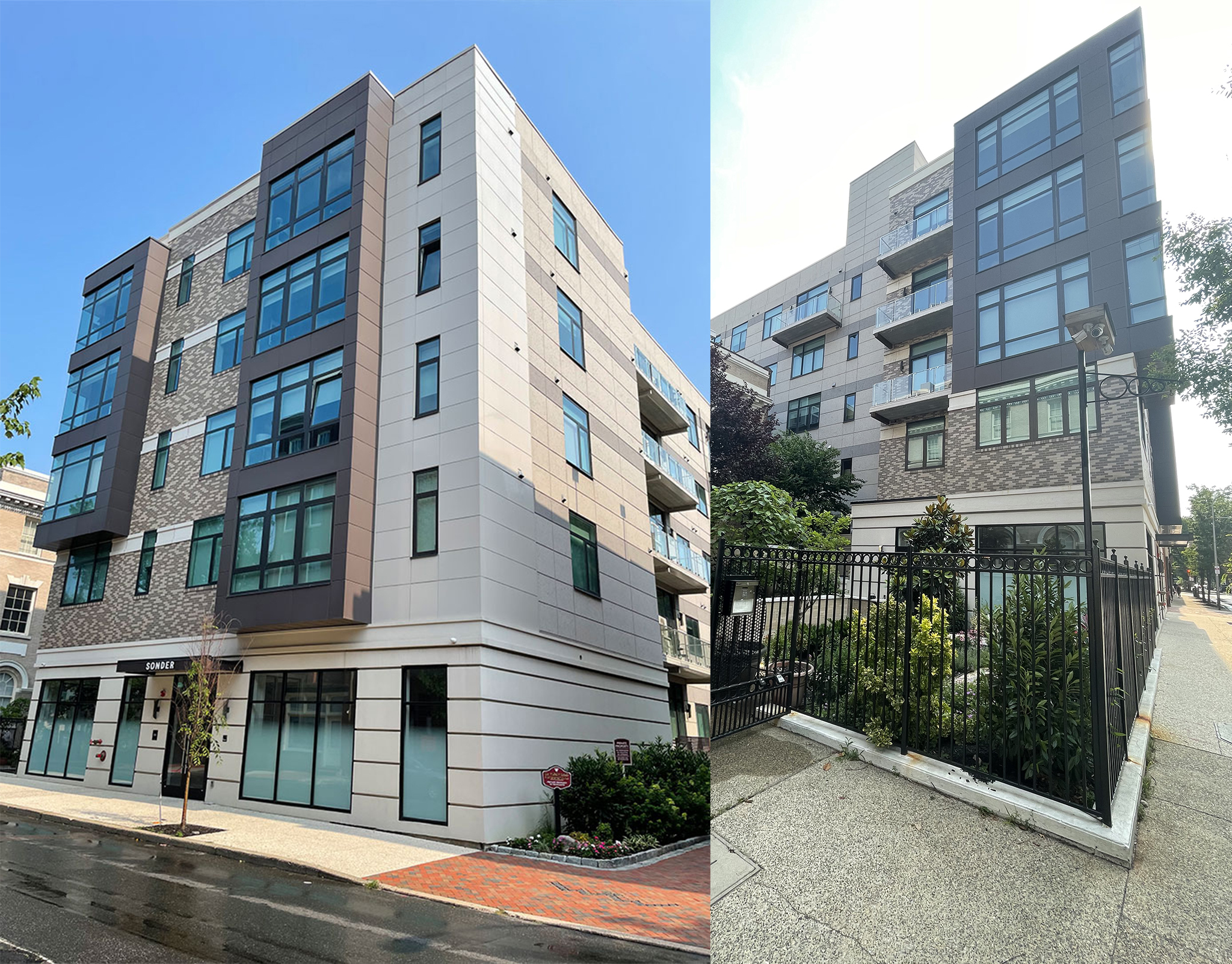 Completed residential building shown from two street angles with grey and white facade panels