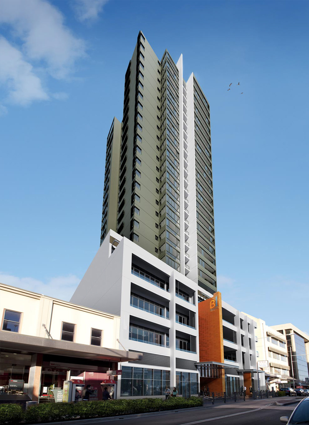 Rendering of a slender residential tower rising behind a low-rise streetscape