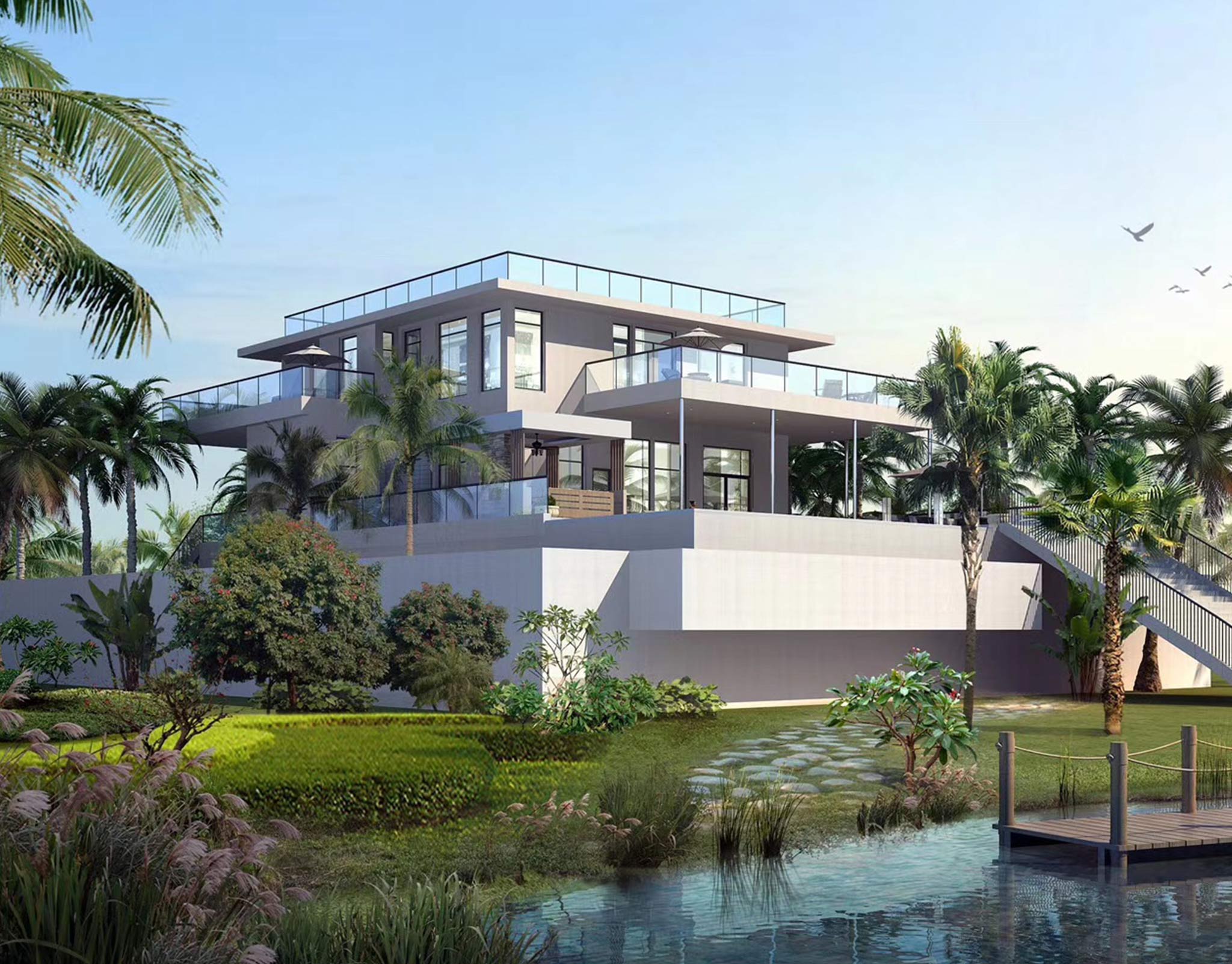 Rendering of a white waterfront clubhouse with glazed pavilions, roof terrace and palms