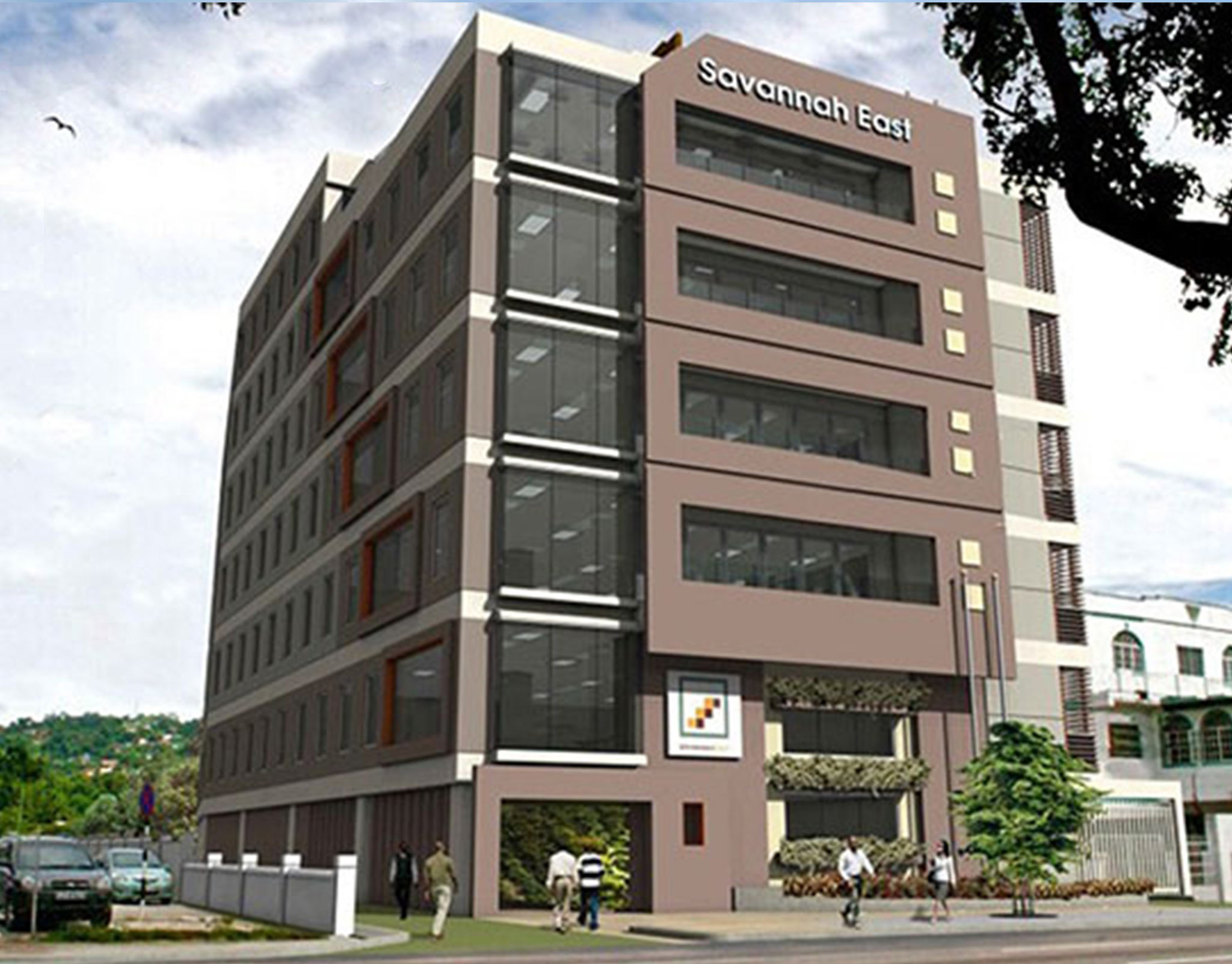 Rendering of a hotel elevation in brown and grey panels with regular punched window openings