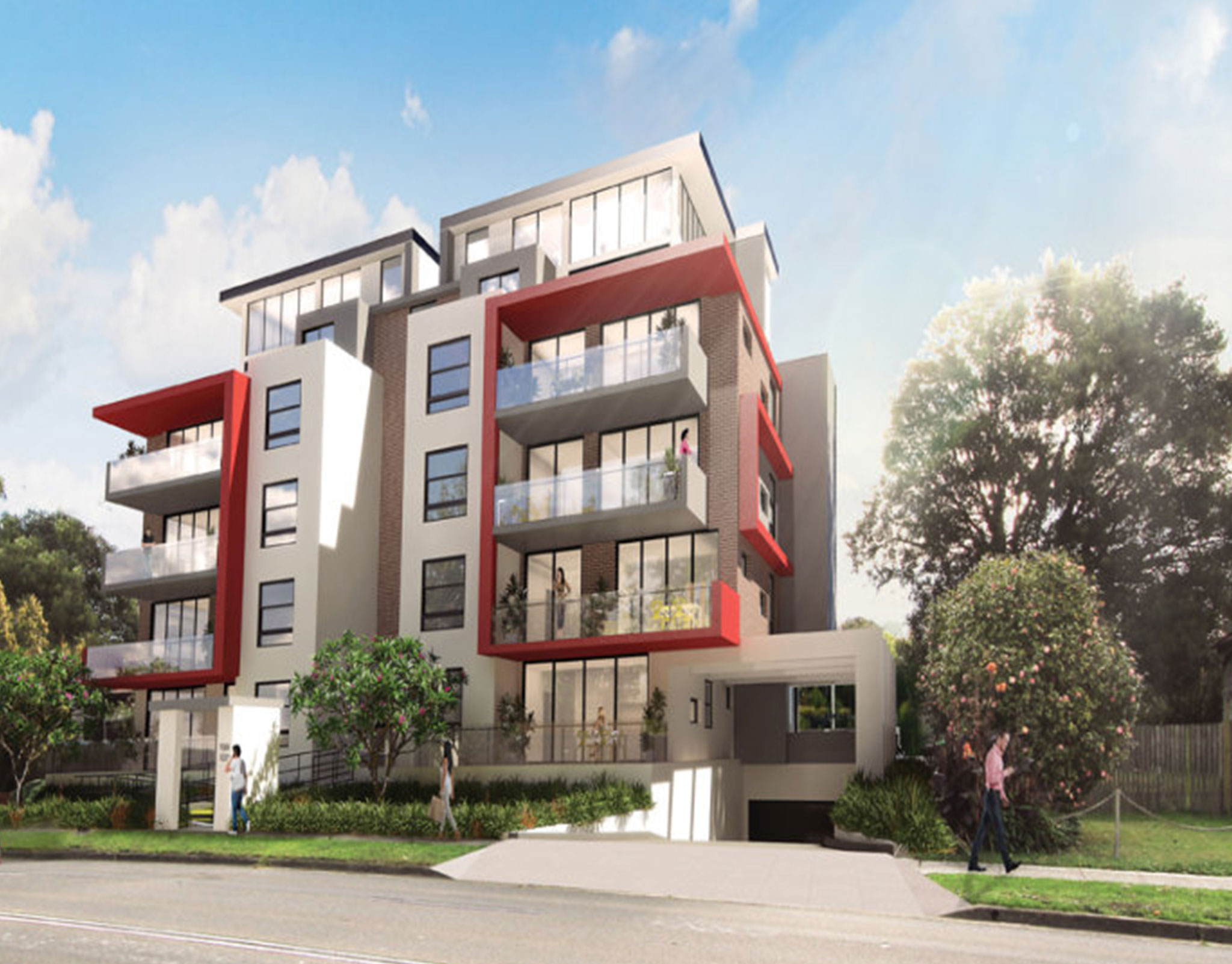 Rendering of a mid-rise residential building with red recessed balconies and full-height glazing