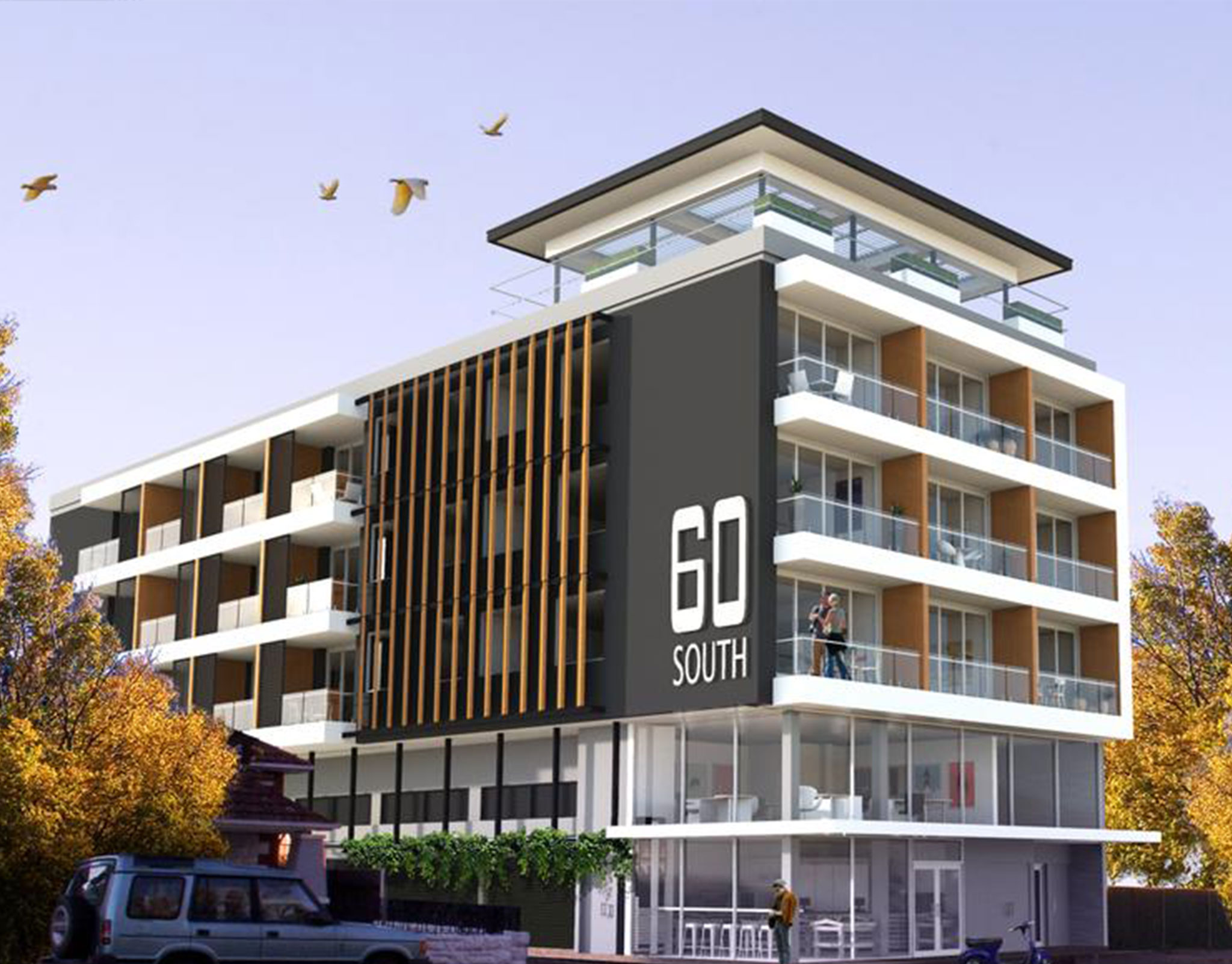 Rendering of a mid-rise residential building with timber screening, white balconies and a rooftop terrace