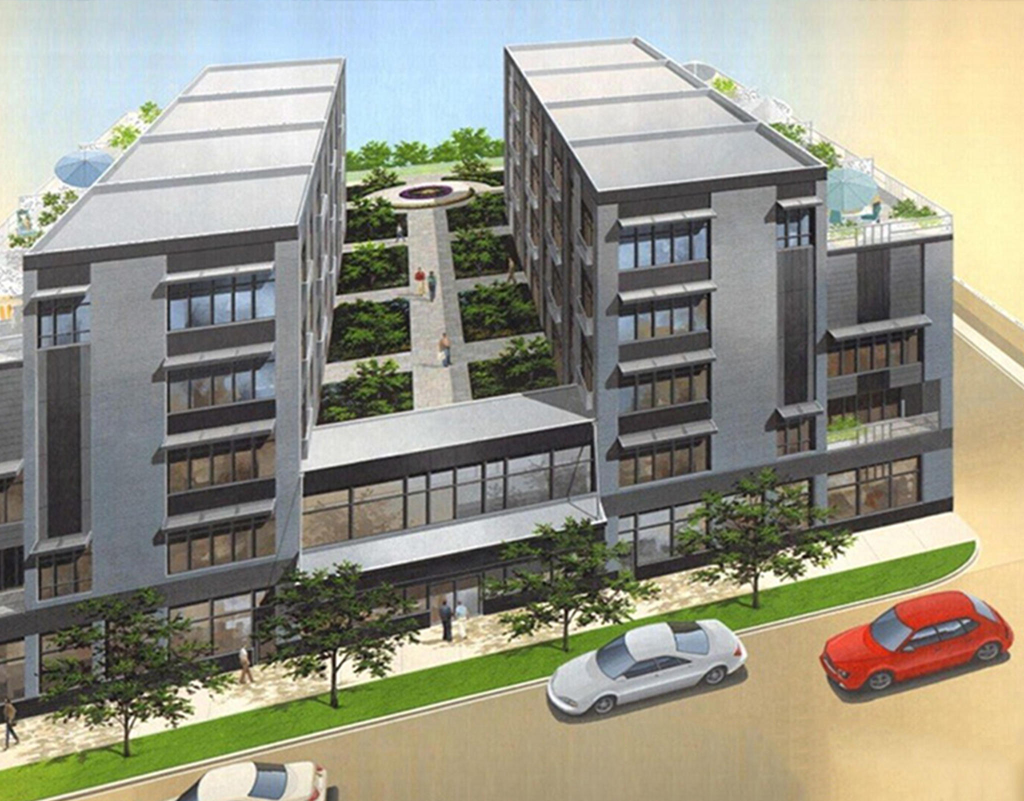 Rendering of a residential complex with two linked blocks, roof terraces and a central courtyard