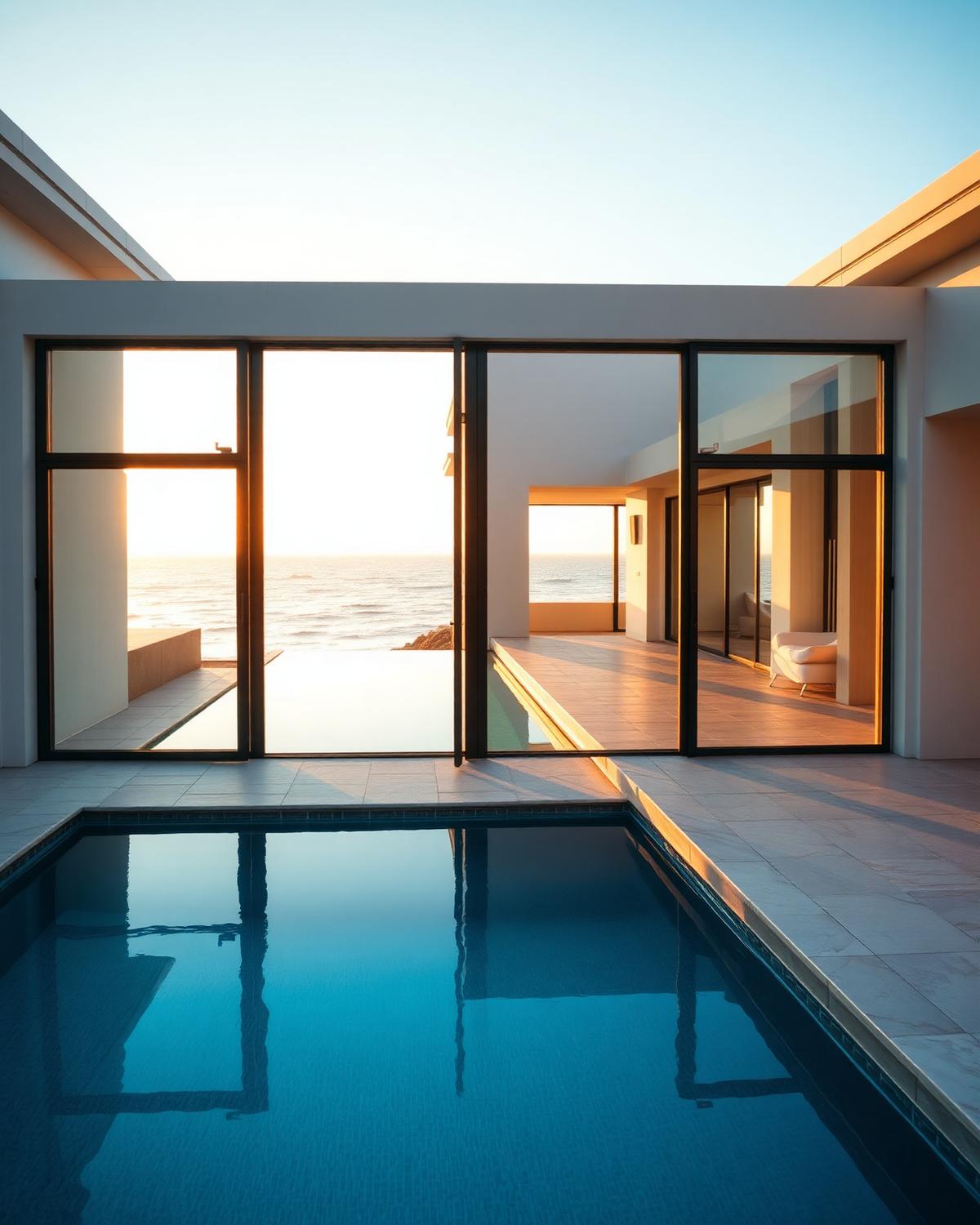 FORTWELL 100 Sliding Glass Door open to a travertine pool deck at sunset