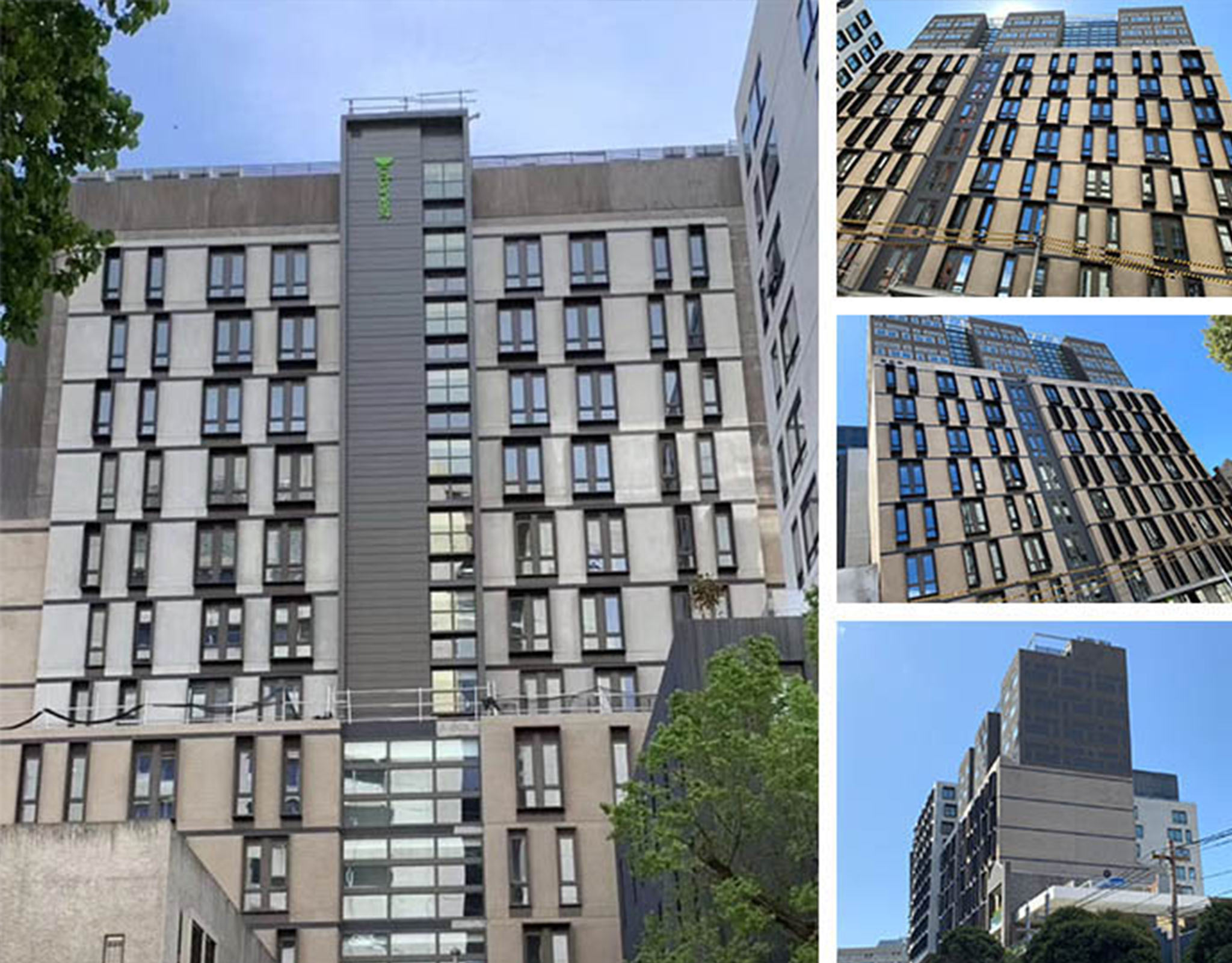 Completed grey residential building shown with close facade views of the window and balcony details