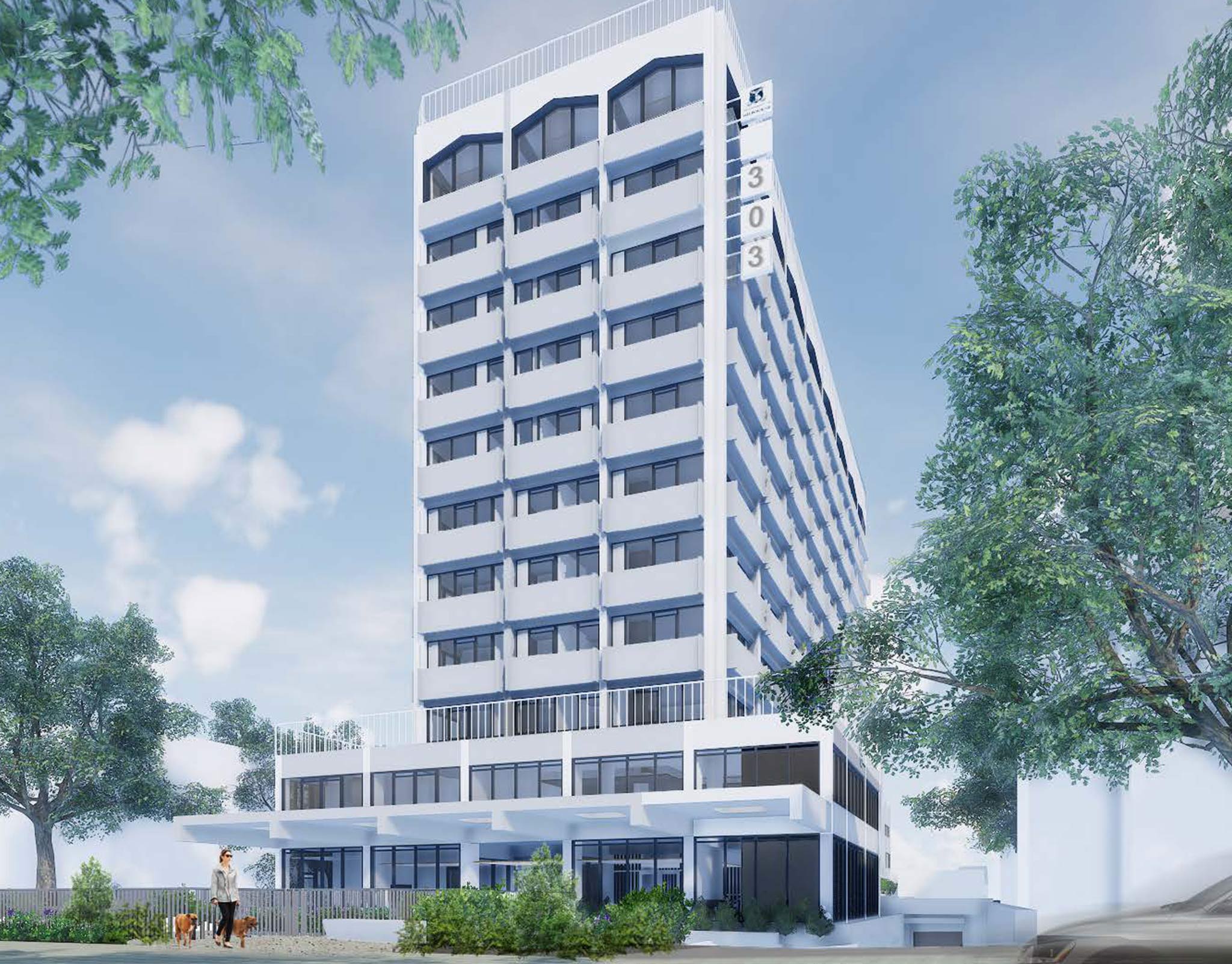 Rendering of a white residential tower with continuous window bands above a landscaped podium